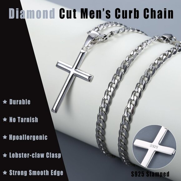 men_s_stainless_steel_and_blac  💫 Men Silver Diamond Cross Necklace Sterling Stainless Steel Curb Chain Jewelry